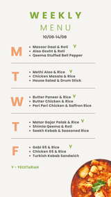A weekly vegetarian menu planner page with days of the week listed in bullet points and a photo of a vegetable curry in the bottom right corner.